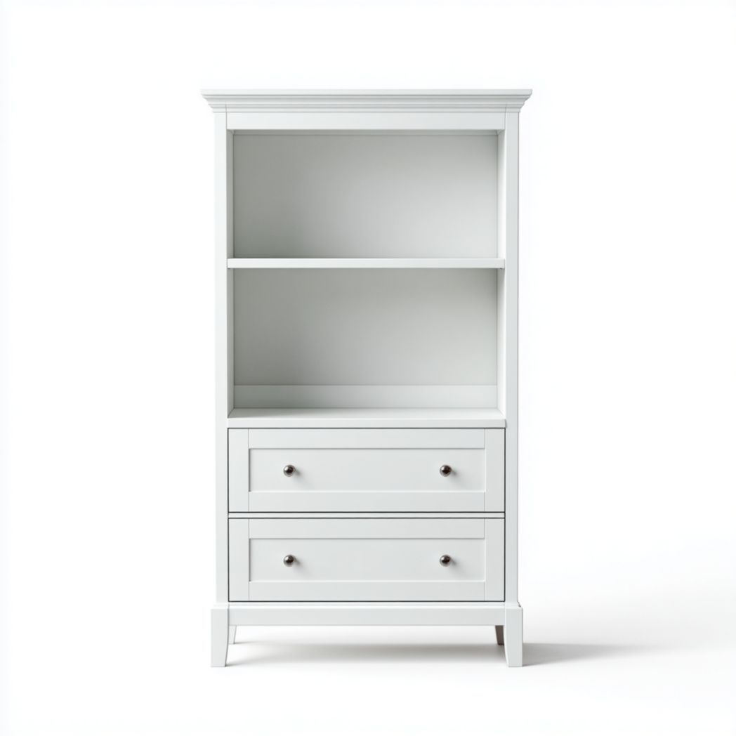 Étagère blanche avec 2 tiroirs et étagères ouvertes en MDF