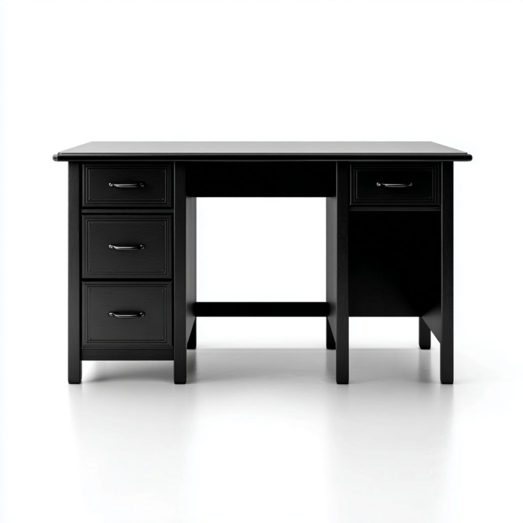 Bureau noir avec quatre tiroirs et poignées en métal noir