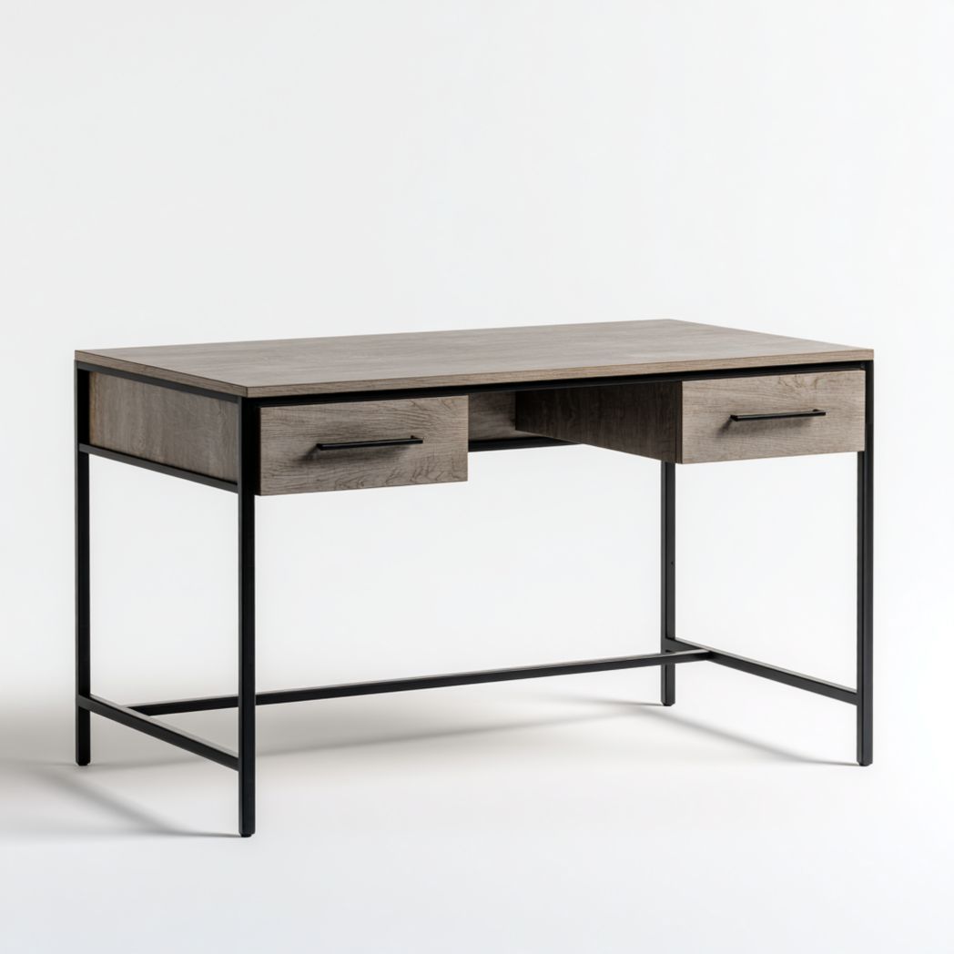 Bureau en bois avec deux tiroirs, structure en métal noir