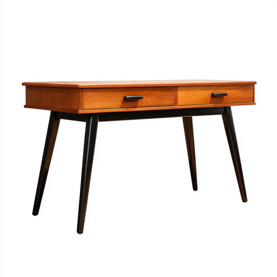 Bureau couleur noyer avec deux tiroirs et pieds en métal noir