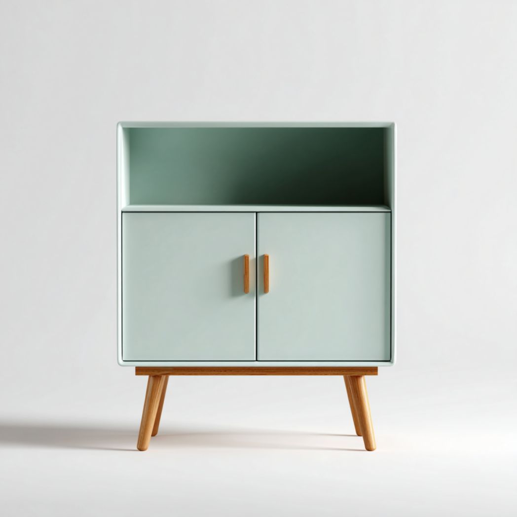 Bibliothèque enfant vert menthe et bois naturel avec étagère ouverte et armoire à deux portes