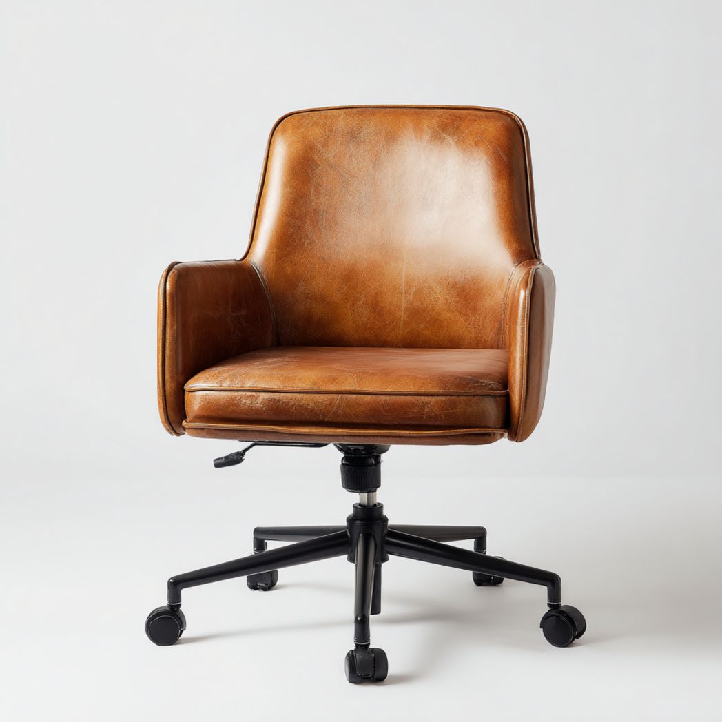 Chaise de bureau en cuir marron avec base métallique noire réglable en hauteur