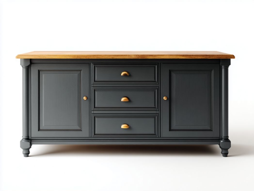 Buffet gris foncé et bois naturel à 3 tiroirs et 2 portes, poignées en métal cuivré