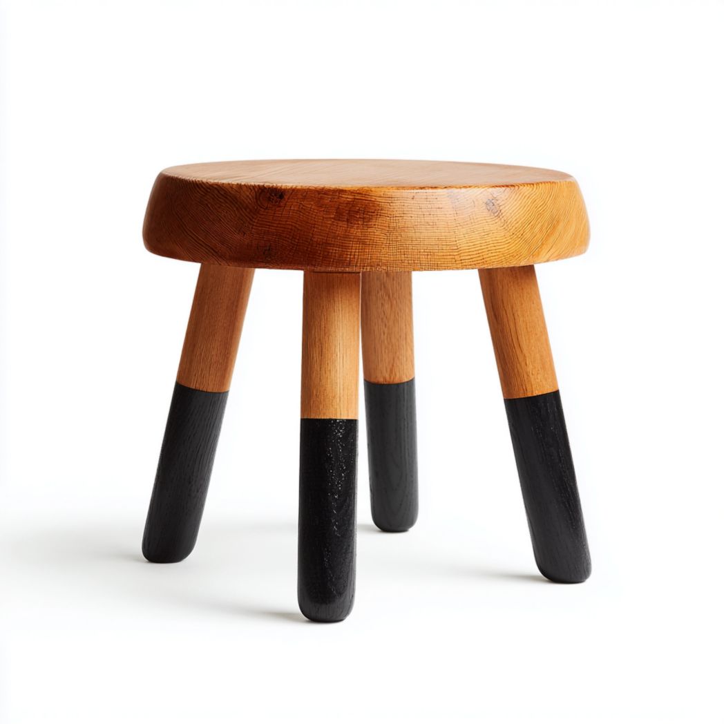 Tabouret rond en bois massif couleur bois naturel avec pieds noirs