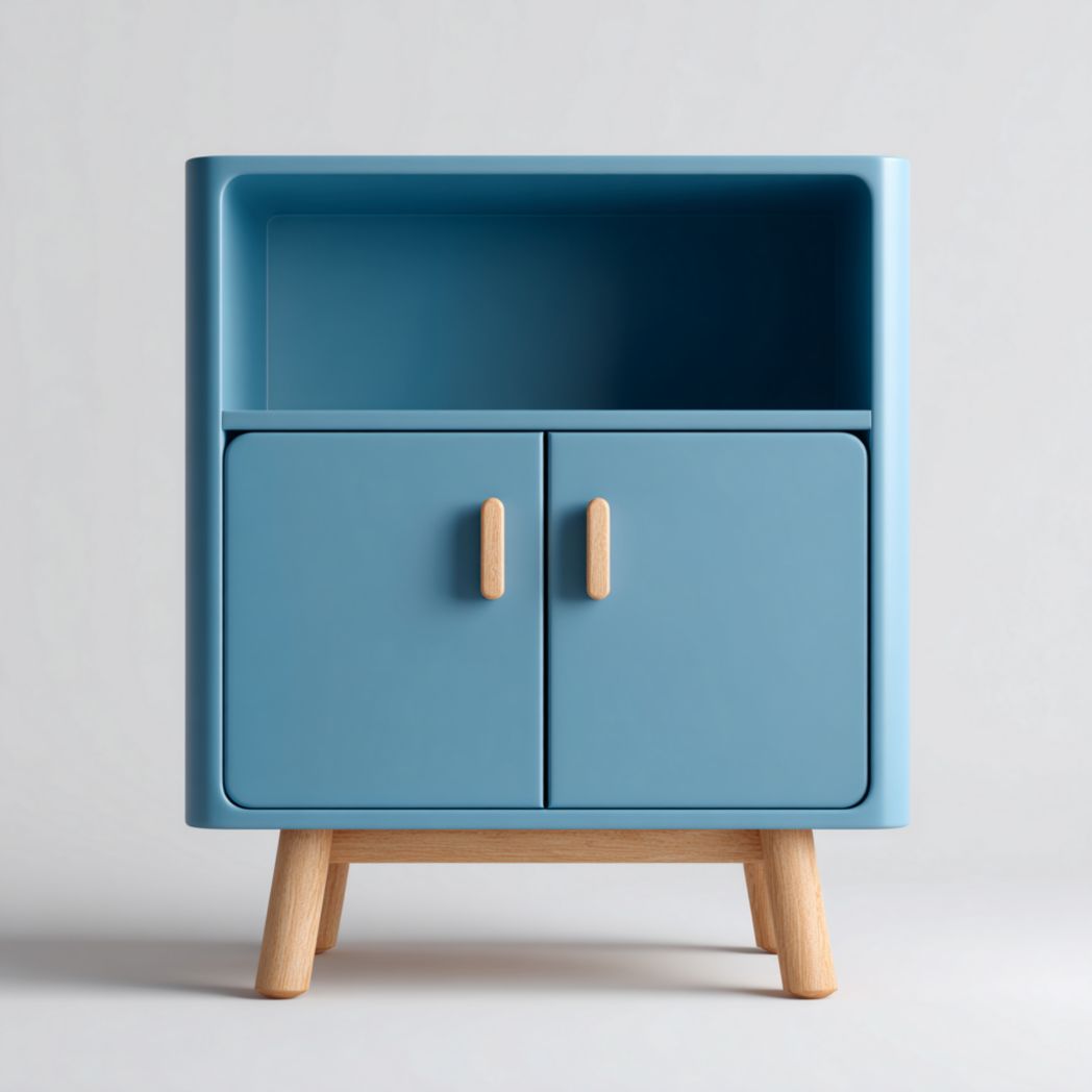 Bibliothèque enfant bleu et bois naturel avec étagère ouverte et armoire à deux portes