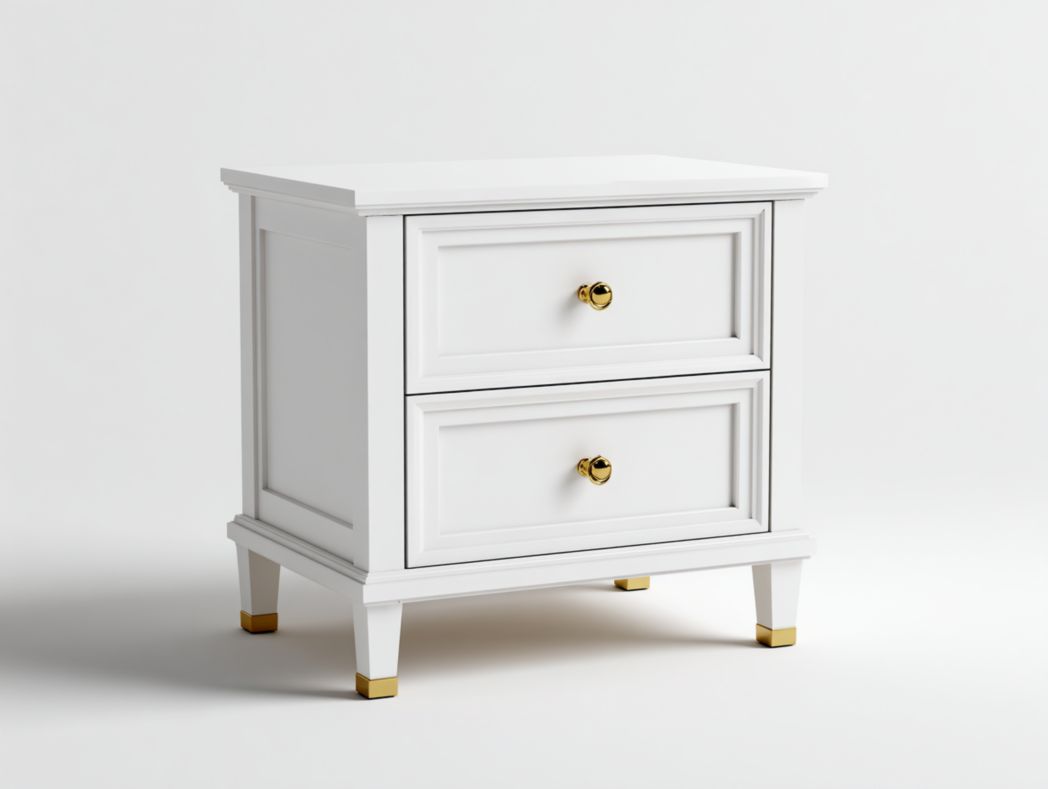 Table de chevet en bois blanc avec poignées et embouts dorés