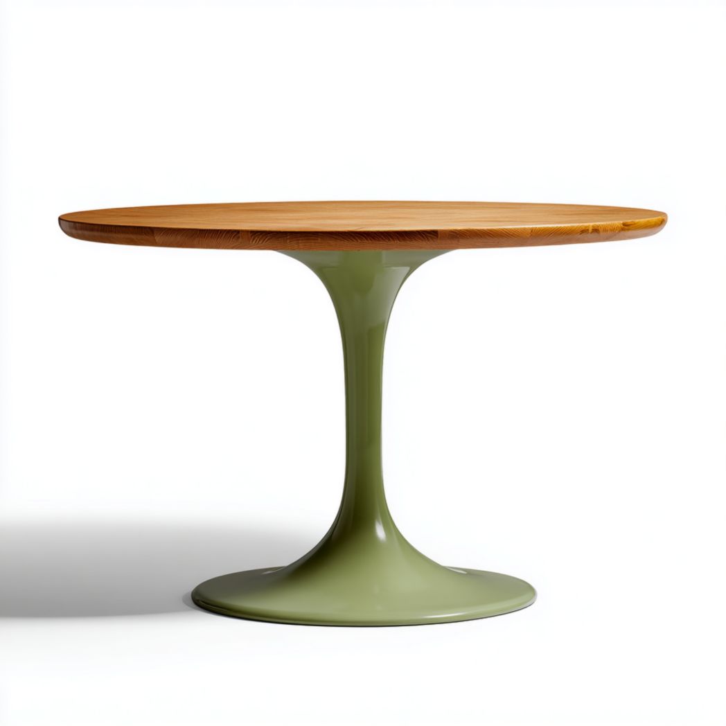 Table à manger ronde couleur bois naturel avec pied en métal vert