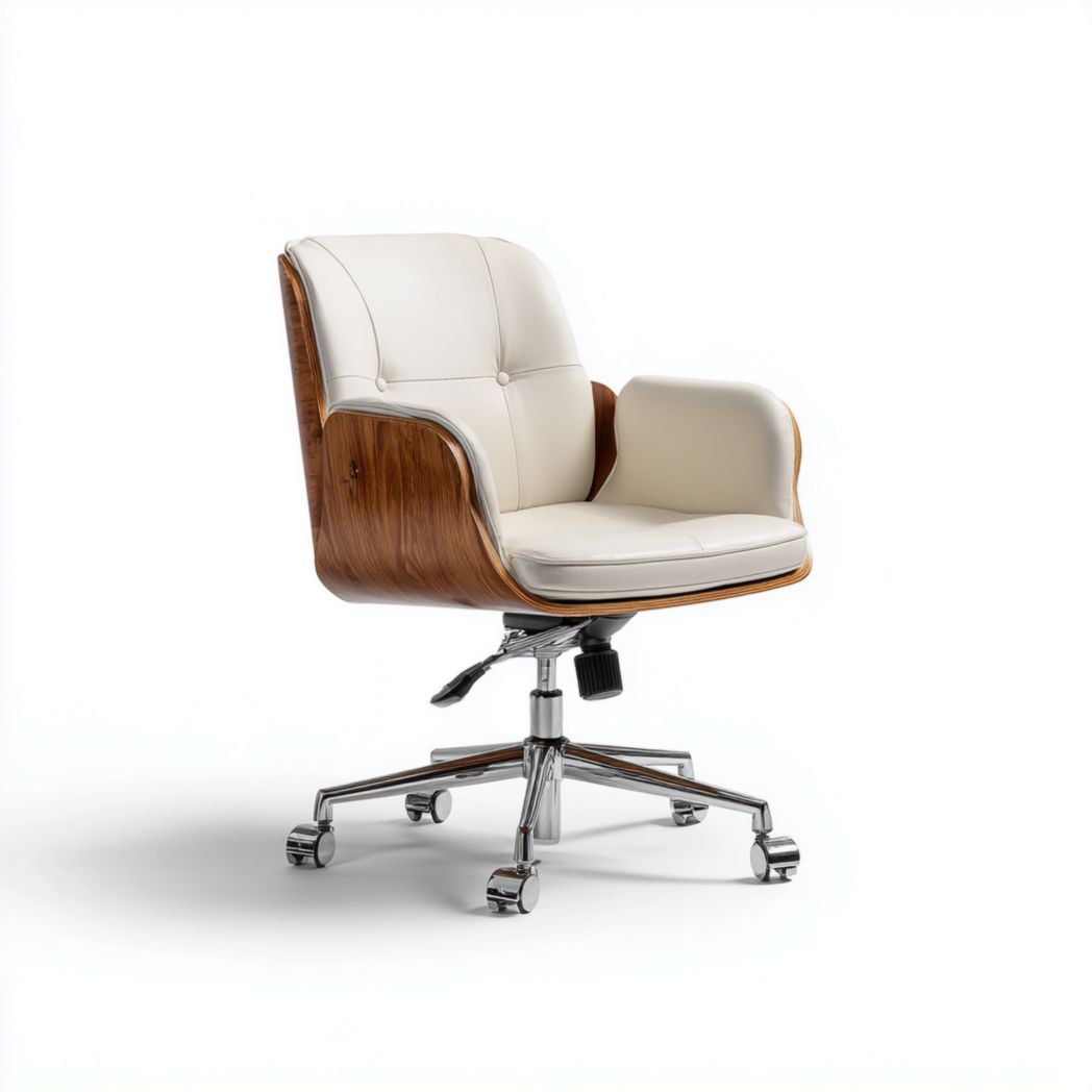 Chaise de bureau en similicuir beige avec dossier plaqué noyer et base chromée réglable en hauteur