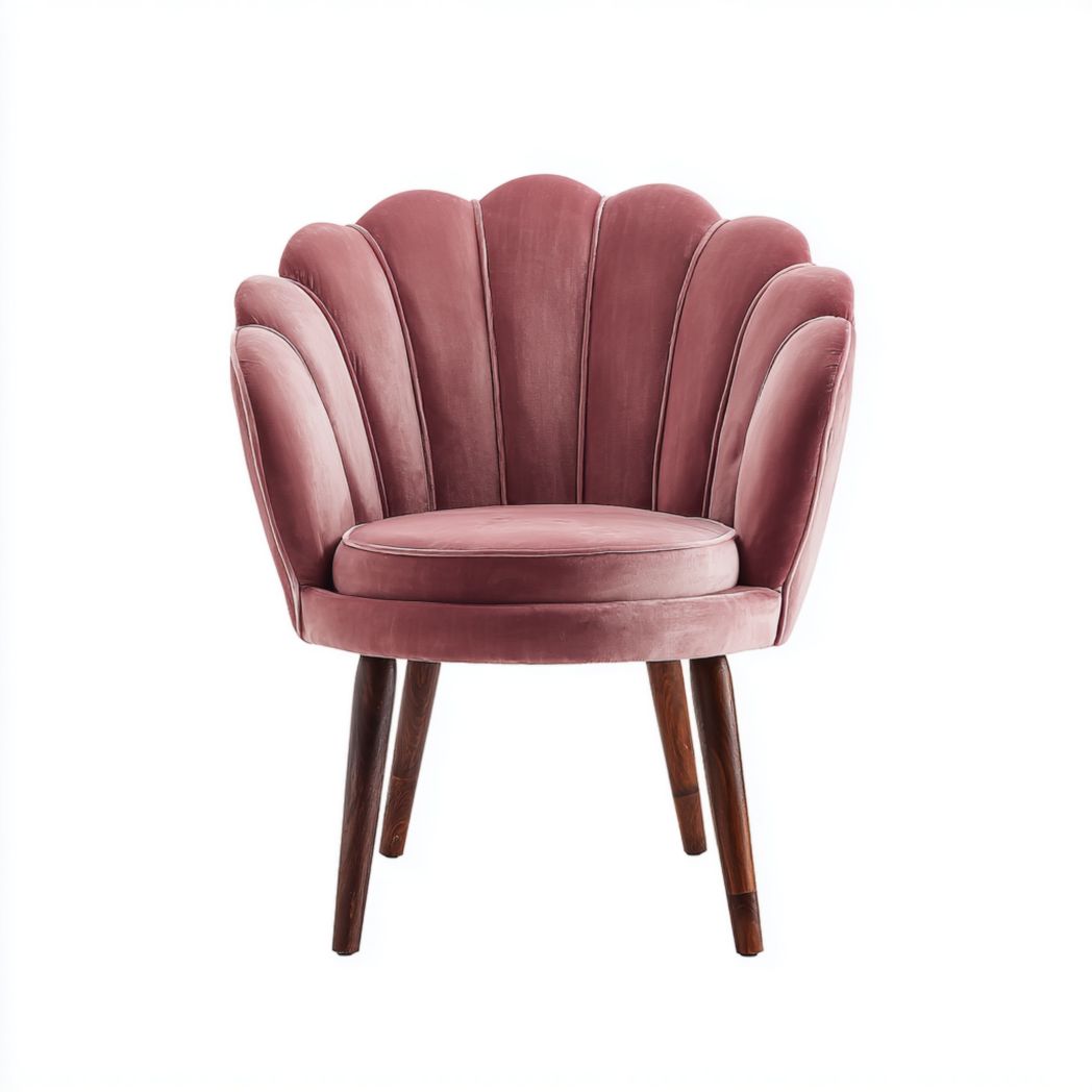 Fauteuil coquillage en velours rose - pieds en bois brun foncé