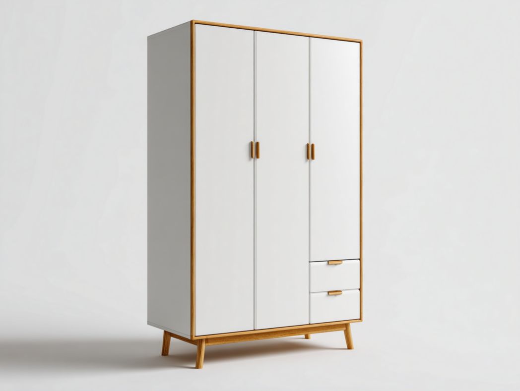 Armoire blanche à 3 portes et tiroirs avec cadre et poignées en bois