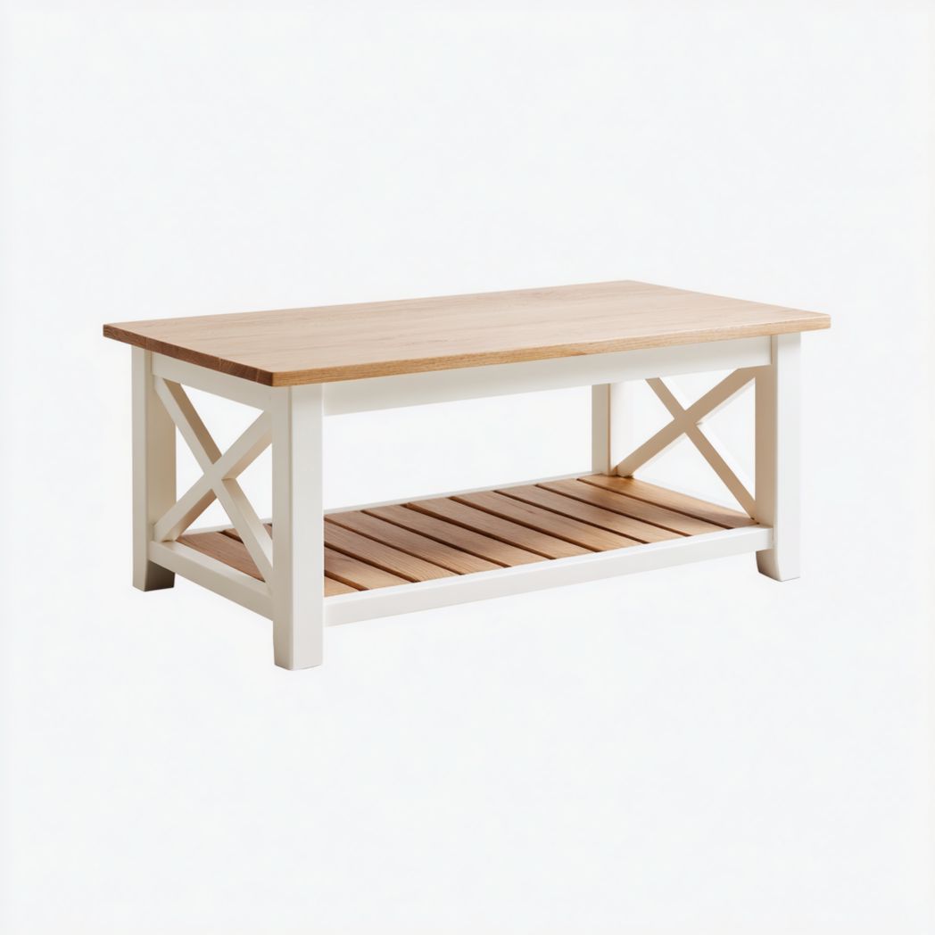 Table basse blanche en pin massif et MDF plaqué chêne