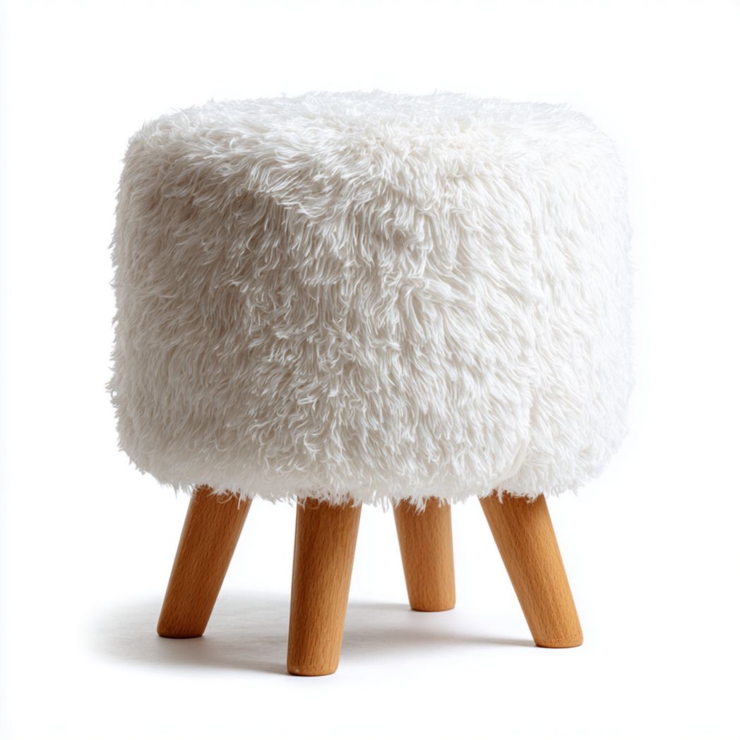 Tabouret rond en fausse fourrure blanche avec pieds en bois massif couleur bois naturel