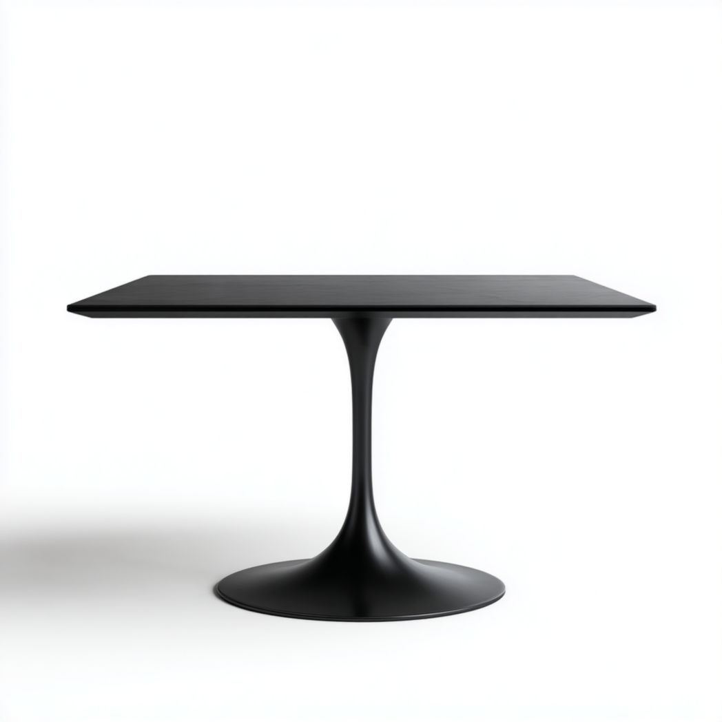 Table à manger carrée noire avec pied central en métal au design moderne