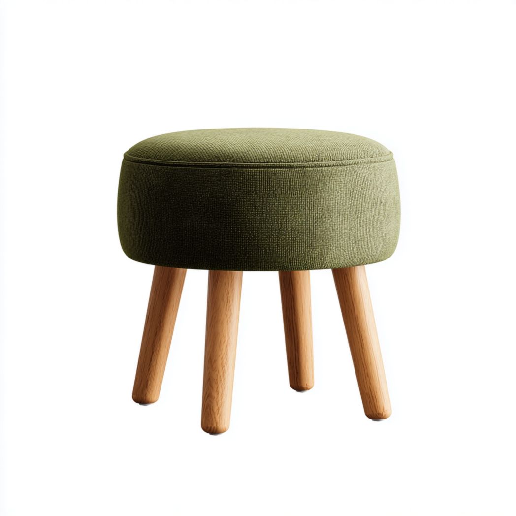 Tabouret rond en lin vert avec pieds en bois massif couleur bois naturel