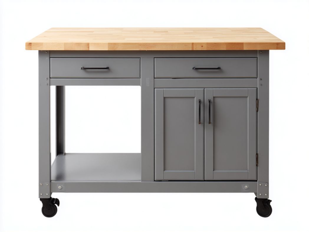 Îlot central de cuisine gris avec plateau en bois chêne, tiroirs et rangements sur roulettes