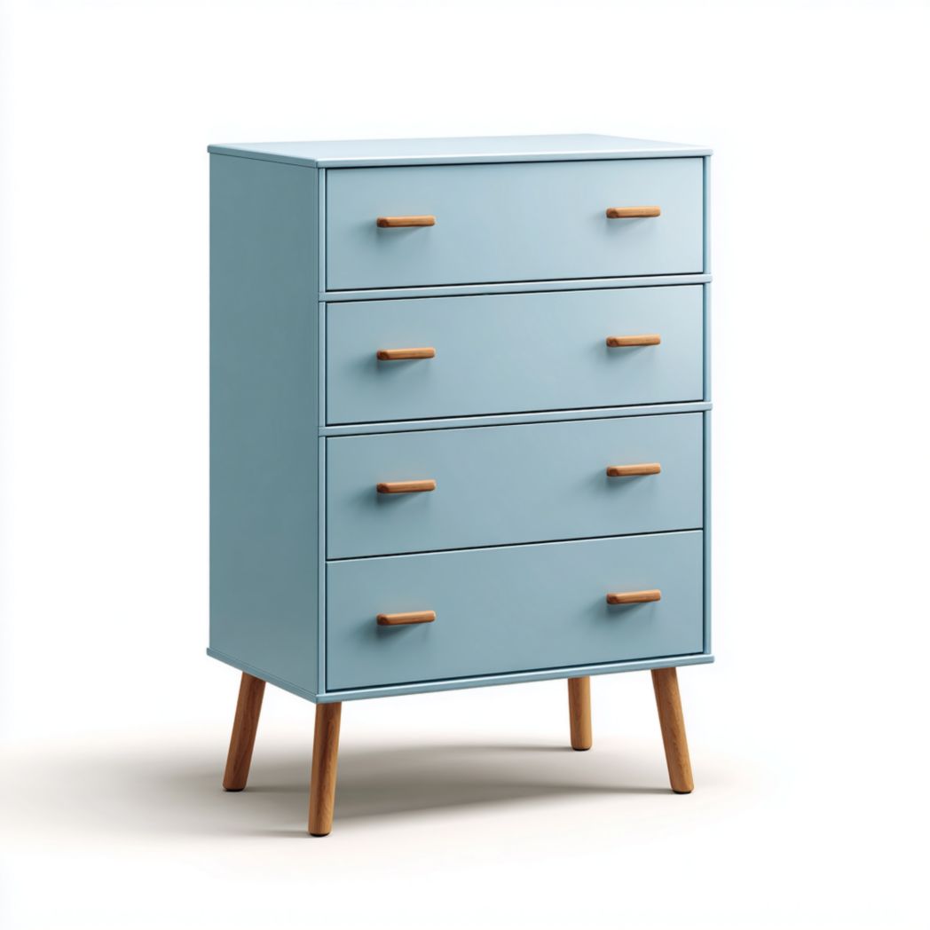 Commode enfant bleue à 4 tiroirs avec poignées et pieds en bois naturel