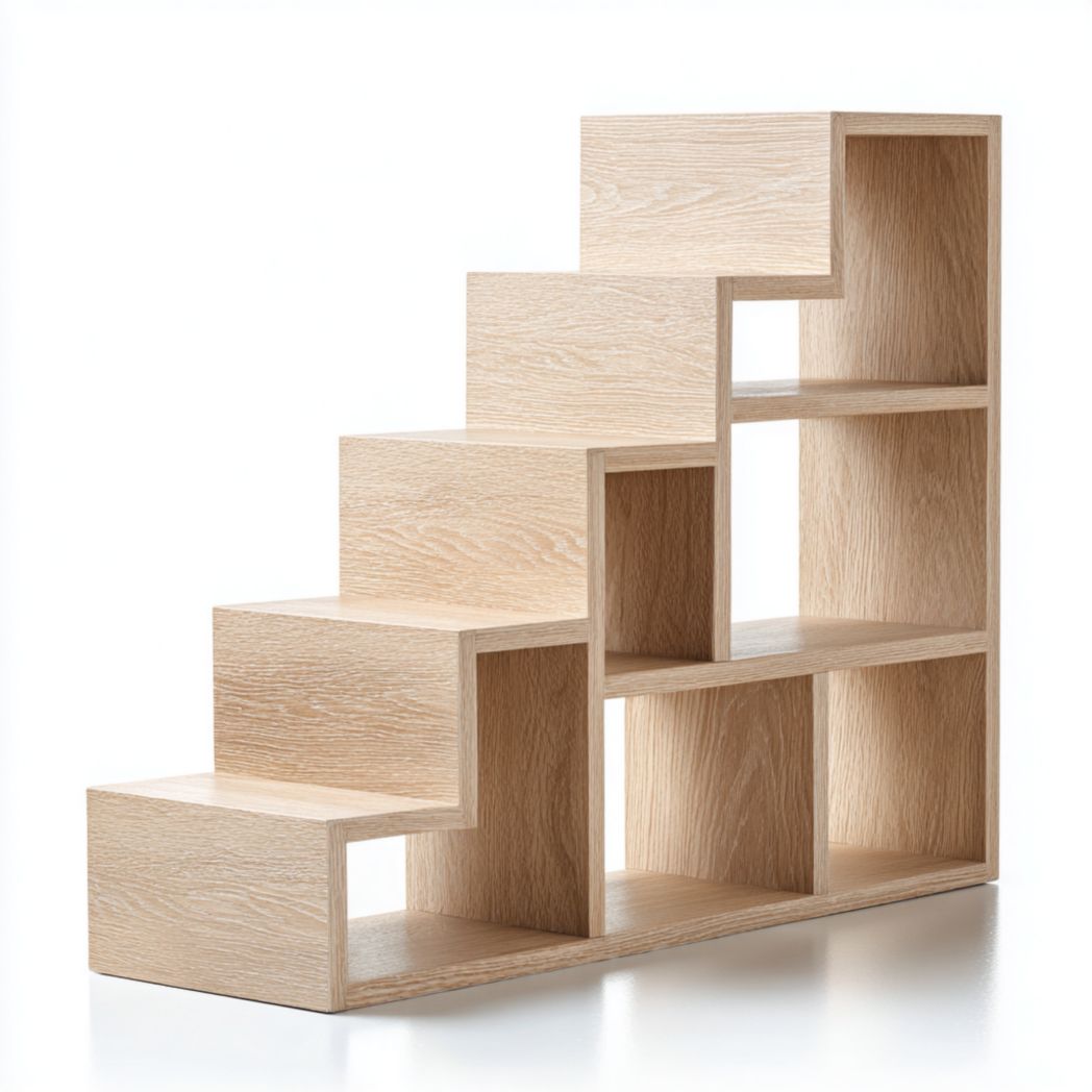 Étagère en escalier en MDF finition chêne clair – Meuble de rangement ouvert modulable