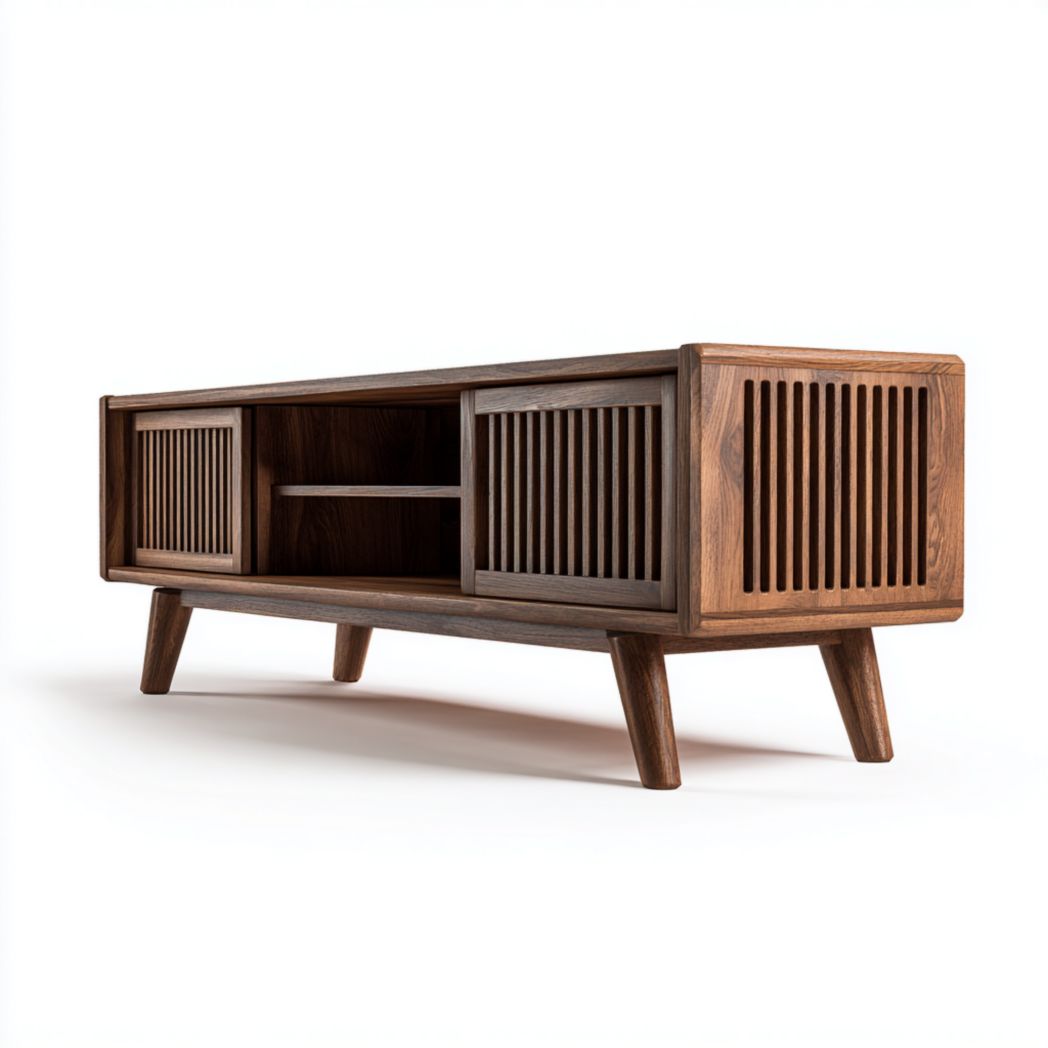 Meuble TV en noyer avec portes à lames en bois et compartiment central ouvert