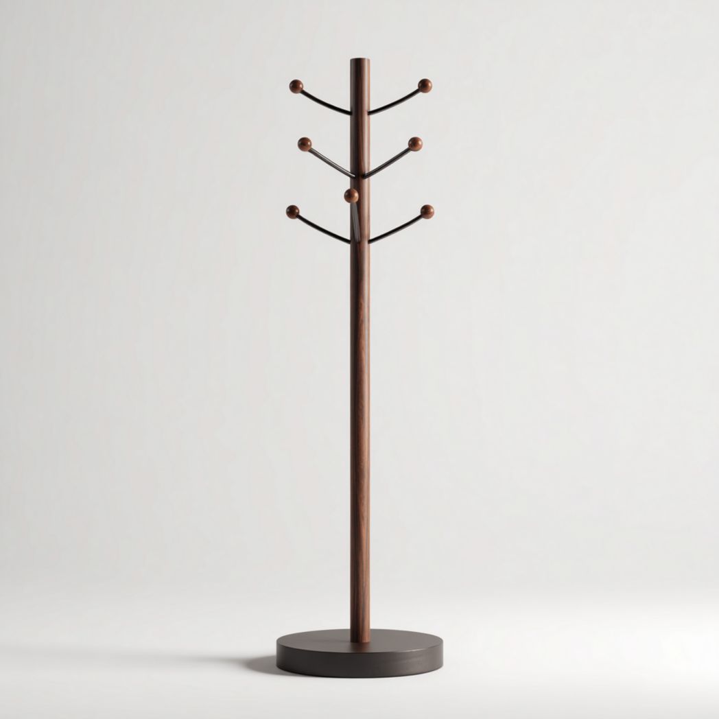 Portemanteau sur pied noyer foncé avec bras en métal noir et base ronde