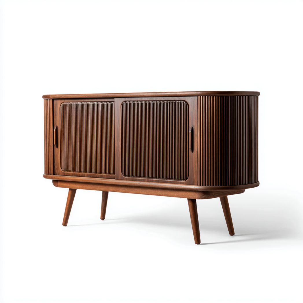 Meuble TV en noyer avec portes coulissantes à lames