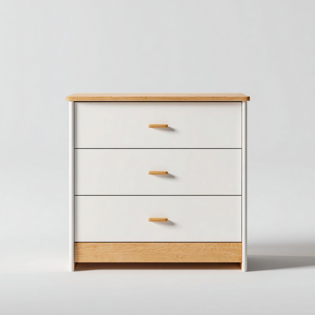 Commode blanche à trois tiroirs avec plateau, poignées et base en bois naturel