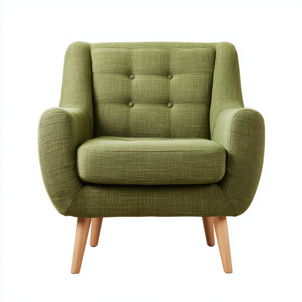 Fauteuil en tissu effet lin vert - style rétro avec pieds en bois brun clair