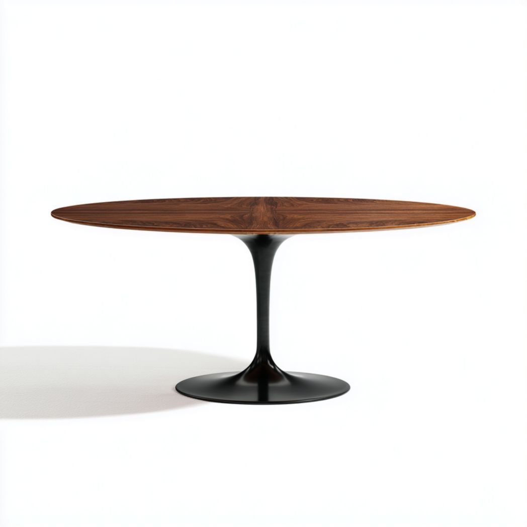 Table à manger ovale couleur noyer foncé avec pied central en métal noir