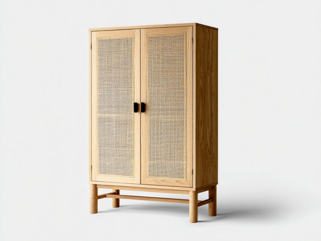 Armoire en bois clair à portes en rotin avec poignées en métal noir