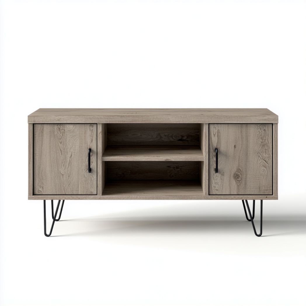 Meuble TV en chêne gris avec pieds et poignées en métal noir