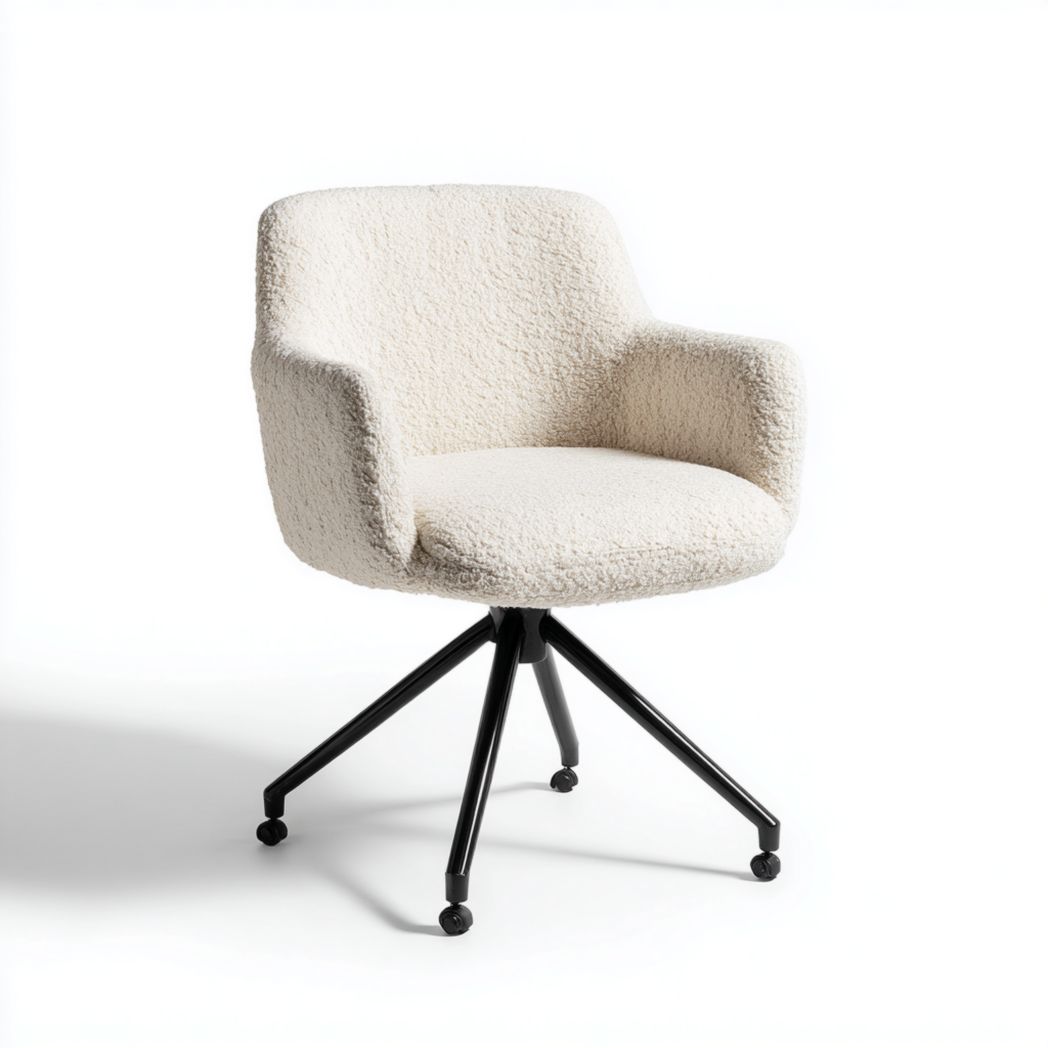 Chaise de bureau en tissu bouclé beige avec base métallique noire et accoudoirs