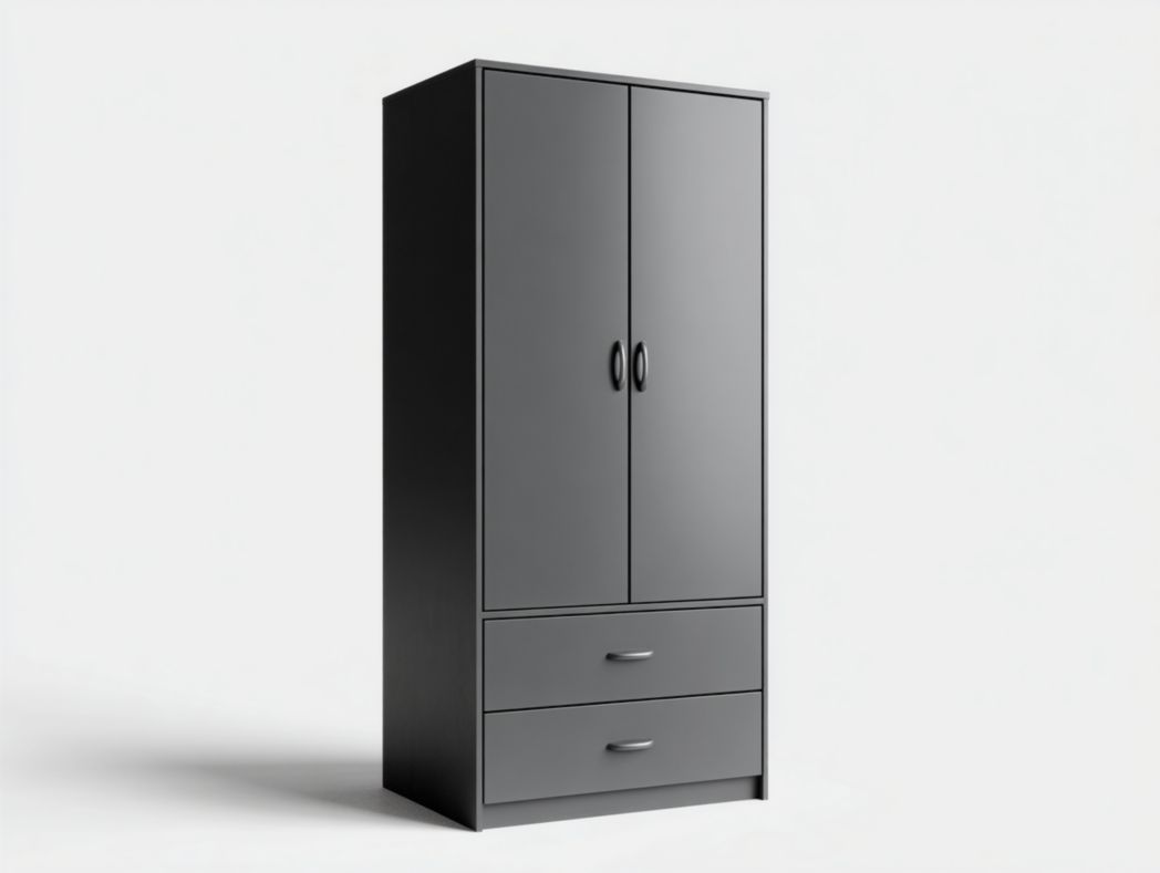 Armoire grise à deux portes avec tiroirs et poignées en métal