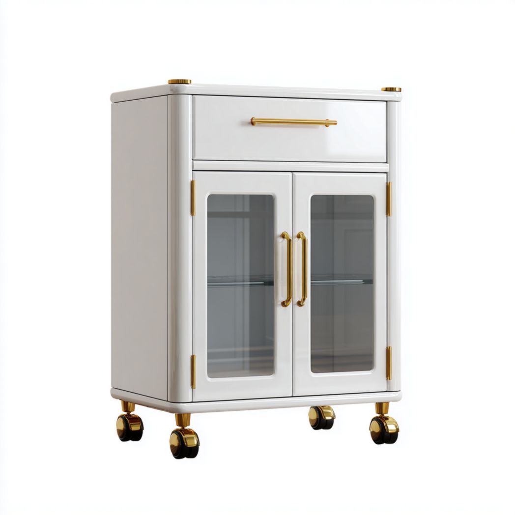 Caisson de bureau blanc laqué à portes vitrées et poignées dorées