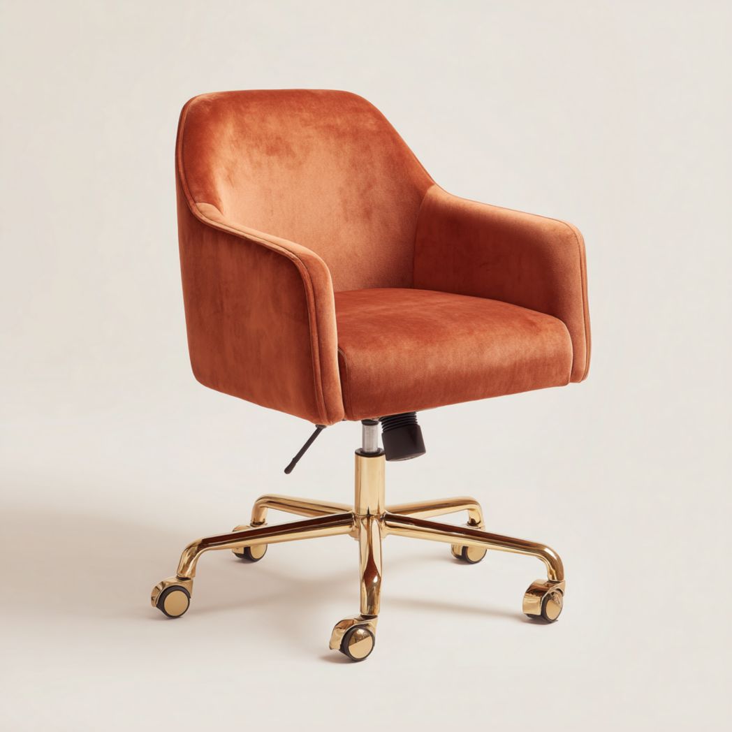 Chaise de bureau en velours orange avec base dorée réglable en hauteur