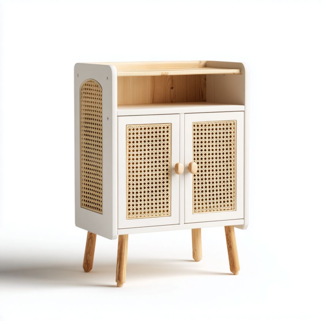 Bibliothèque enfant blanche et rotin naturel avec étagère ouverte et porte en cannage