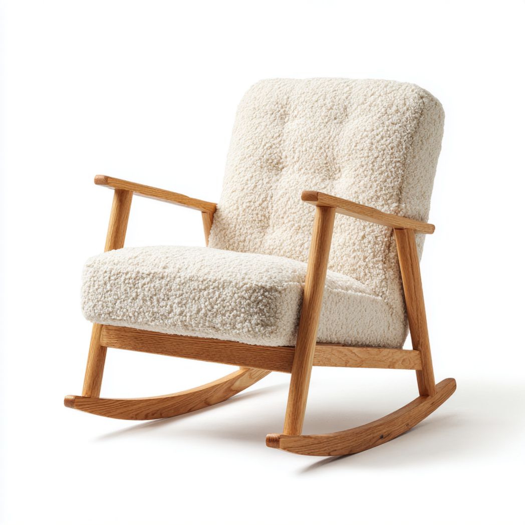 Fauteuil à bascule en tissu bouclette blanc cassé - structure en chêne clair