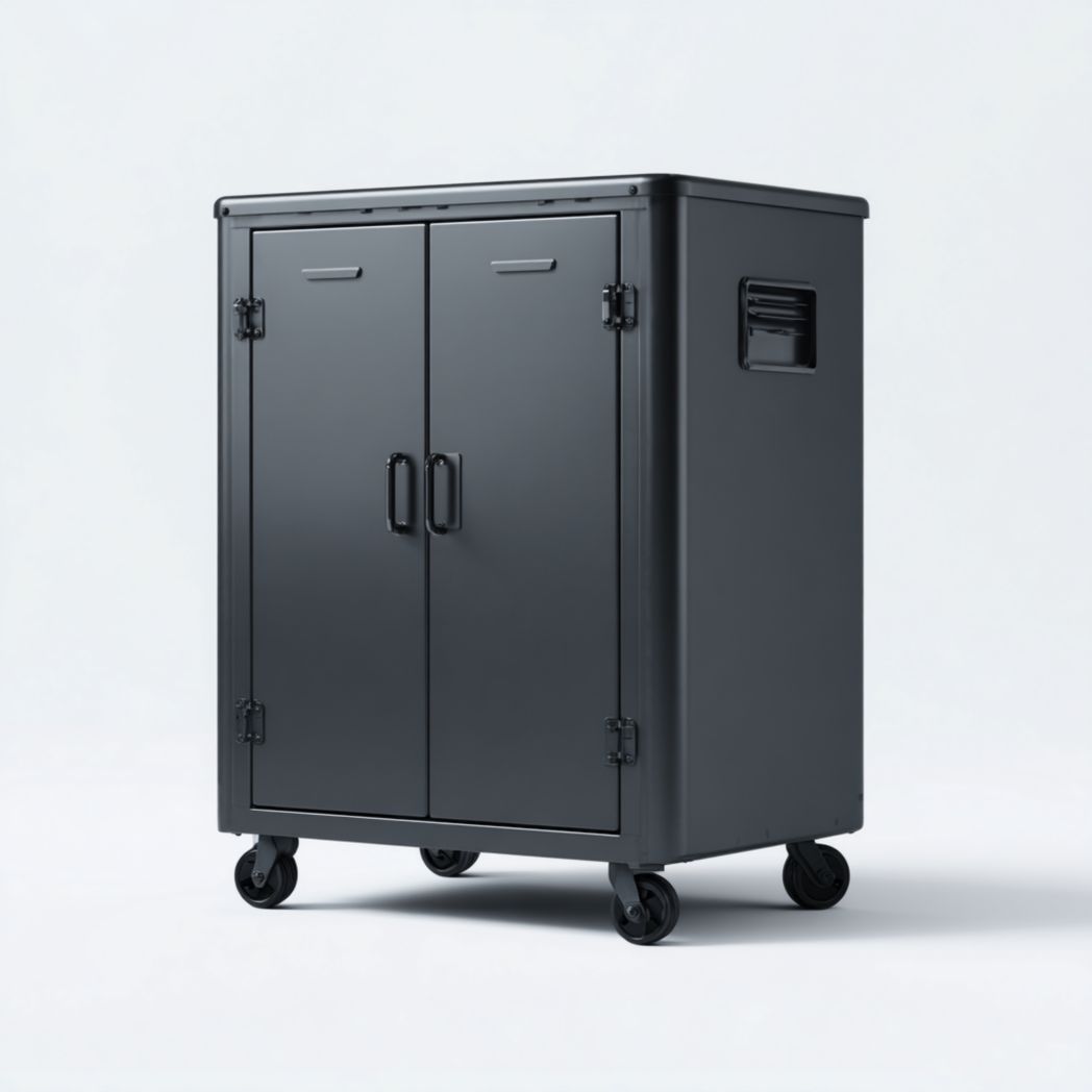 Caisson de bureau en métal noir à deux portes avec roulettes