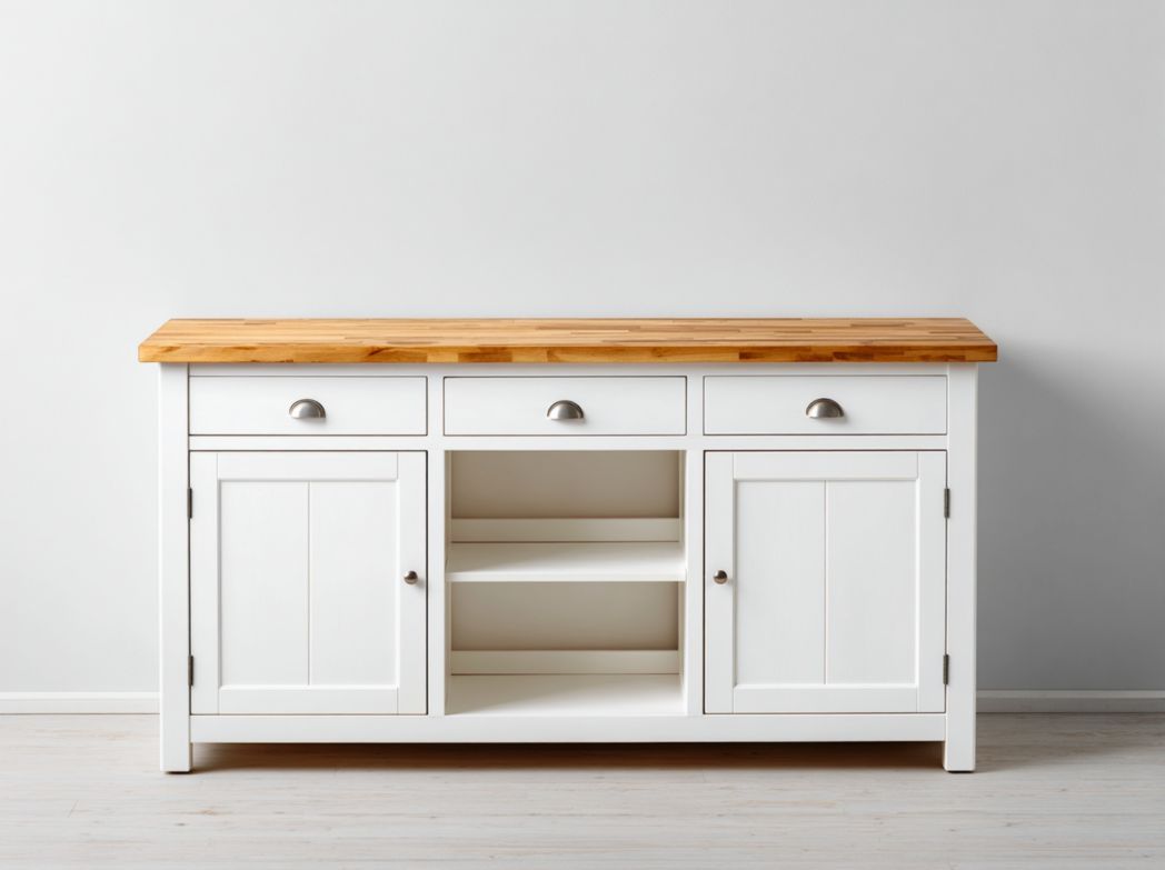 Îlot central de cuisine blanc avec plateau en bois naturel et espaces de rangement