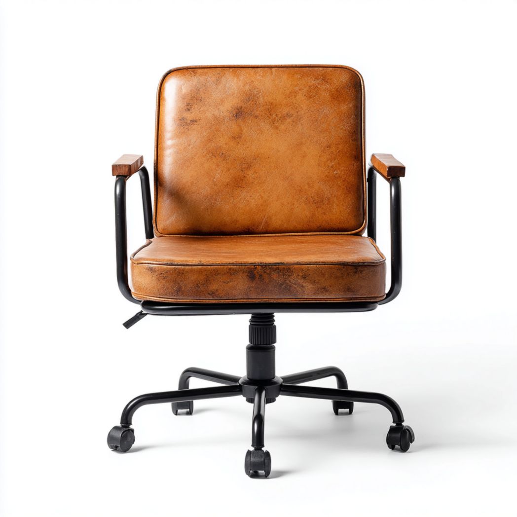 Chaise de bureau en similicuir marron avec piètement en métal noir et hauteur réglable