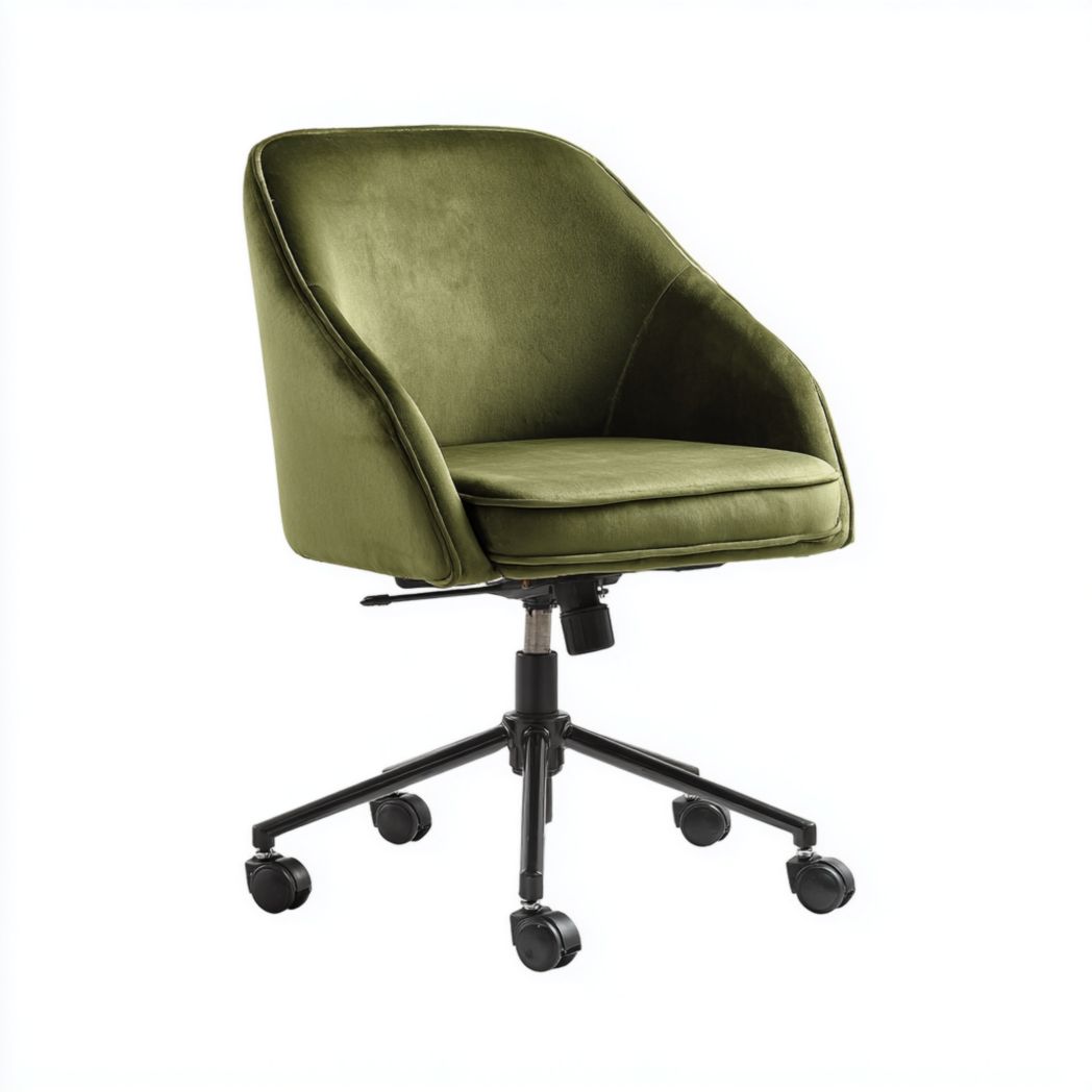 Chaise de bureau en velours vert avec base métallique noire réglable en hauteur