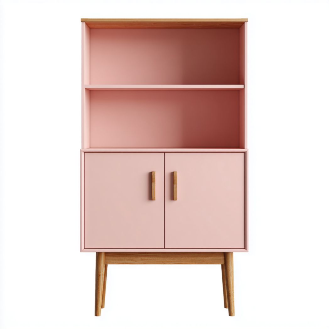 Bibliothèque enfant rose et bois naturel à étagères ouvertes et armoire de rangement