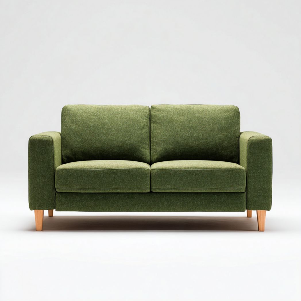 Canapé 2 places en tissu vert olive, pieds en bois couleur naturelle