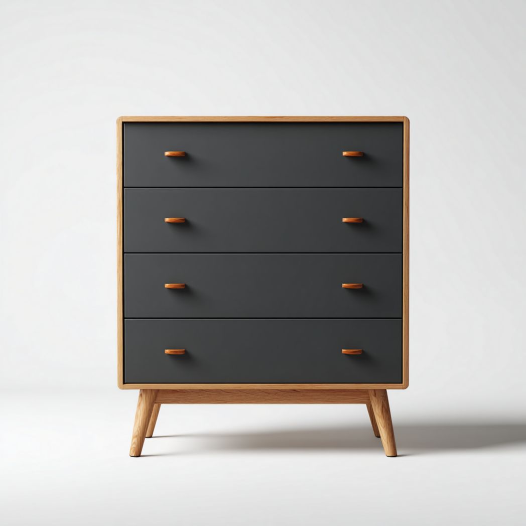 Commode 4 tiroirs - Tiroirs gris foncé, cadre en bois naturel
