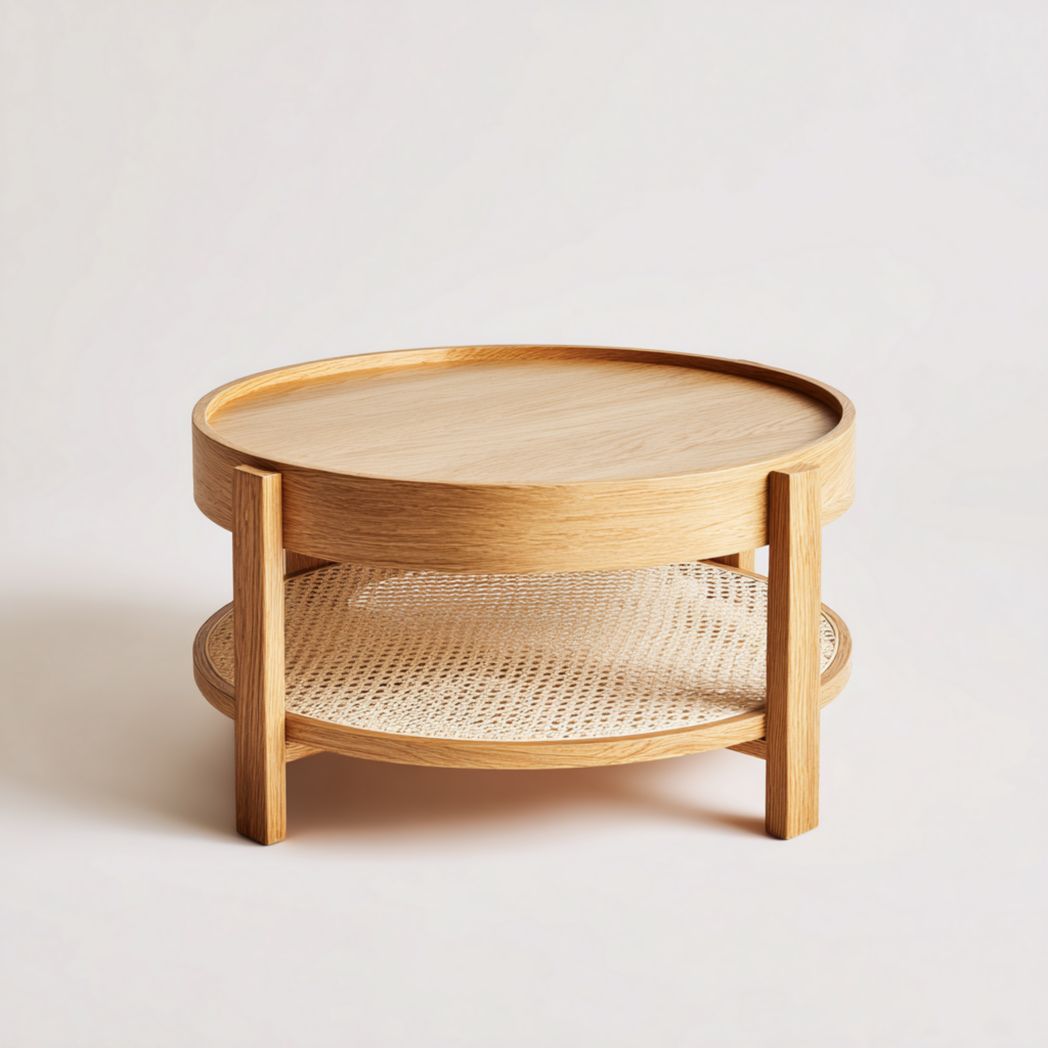 Table basse ronde à deux niveaux en chêne clair et rotin