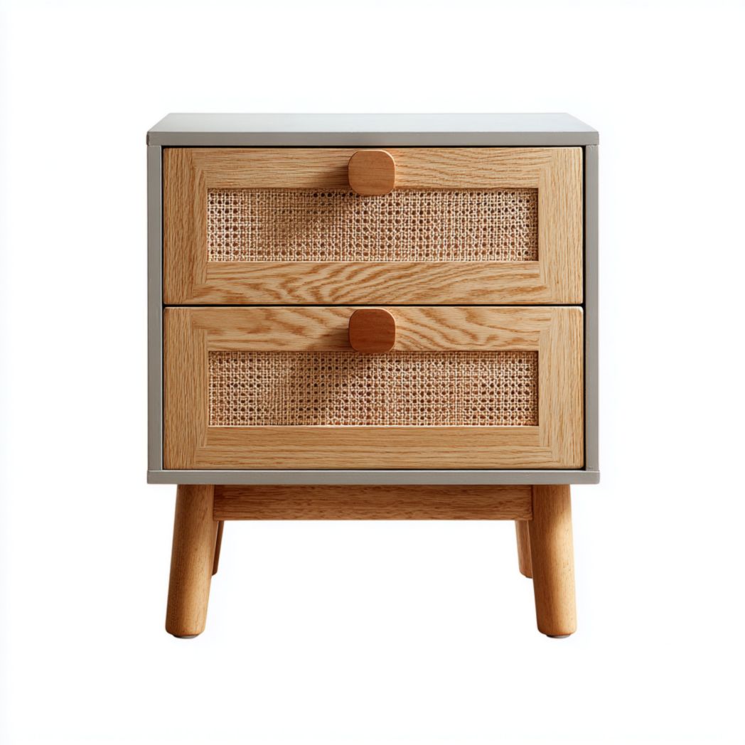 Table de chevet à deux tiroirs couleur bois naturel avec façade en rotin et cadre gris clair