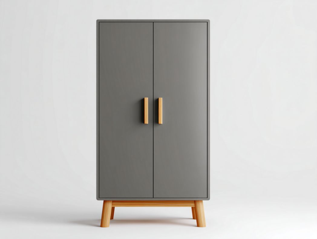 Armoire 2 portes - Panneaux MDF gris foncé, poignées et pieds bois naturel