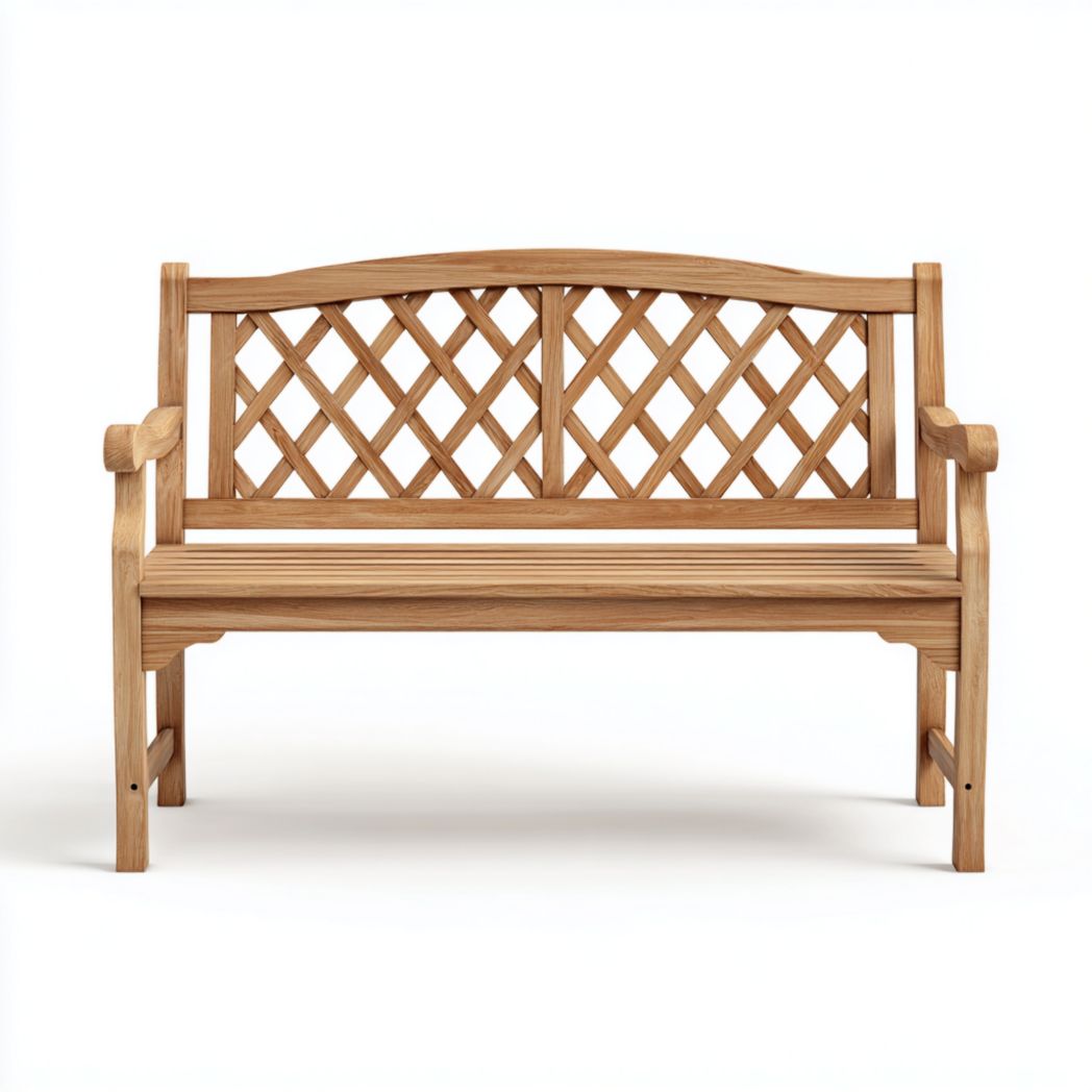 Banc de jardin en bois brun clair avec dossier à motif croisé et accoudoirs