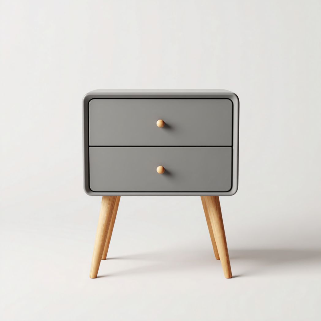 Table de chevet à deux tiroirs couleur grise avec pieds en bois naturel