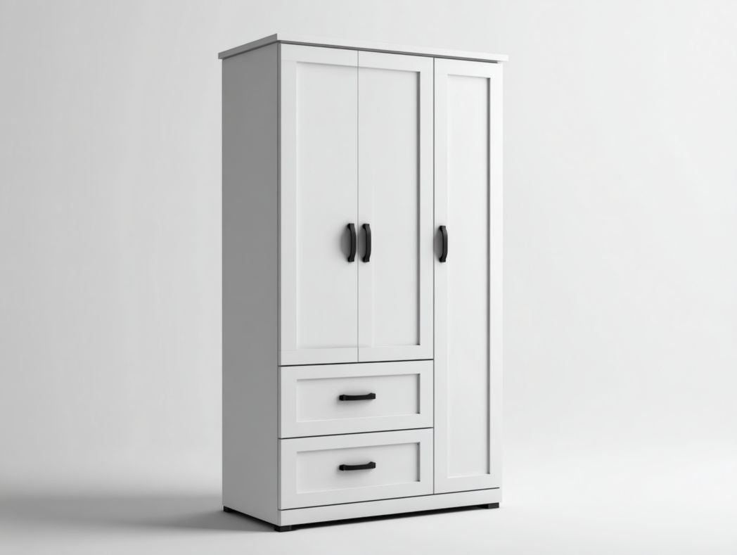 Armoire 3 portes 2 tiroirs - Panneaux MDF blanc, poignées métal noires