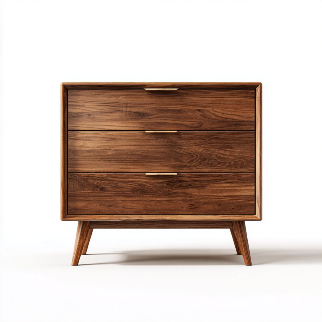 Commode 3 tiroirs en bois massif - Couleur noyer et poignées dorées