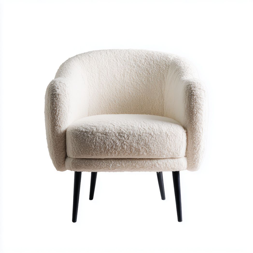 Fauteuil en tissu bouclette blanc, pieds métalliques noirs